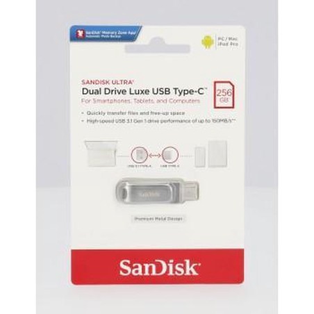 SanDisk Ultra Dual Drive Luxe 256GB USB 3.1 Gen 1 / USB-C - High-Speed, Stylish Silver Storage for Your Devices